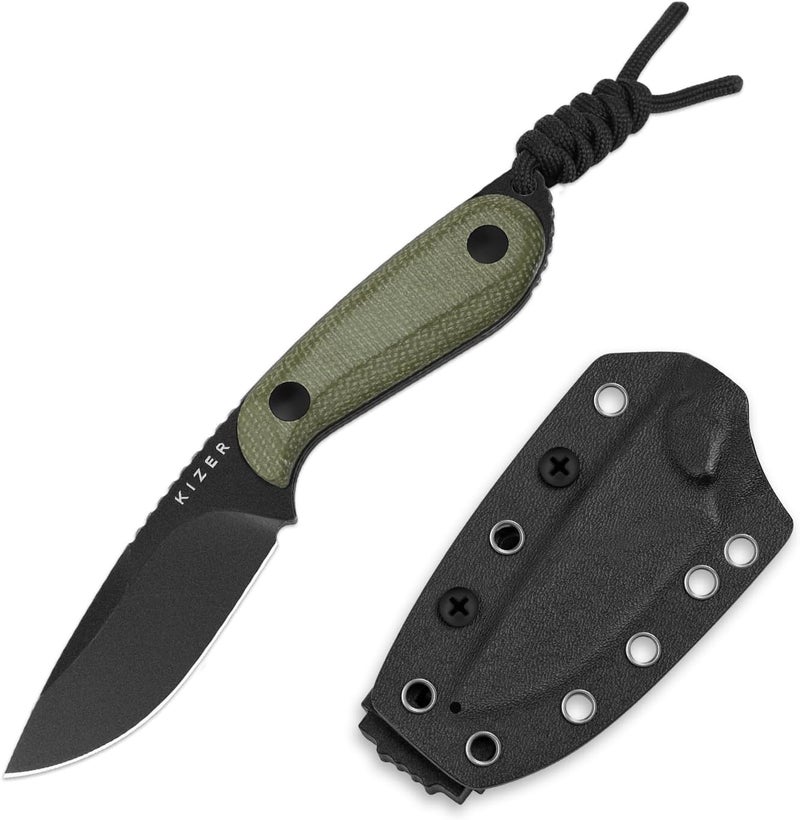 KIZER سكين بادي الثابتة، سكين تخييم من فولاذ D2 بطول 3 بوصات مع مقبض ميكارتا باللون الأخضر الزيتوني، سكاكين ثابتة مدمجة للاستخدام اليومي مع غلاف للتنزه والتخييم 1081M1 - Image 1